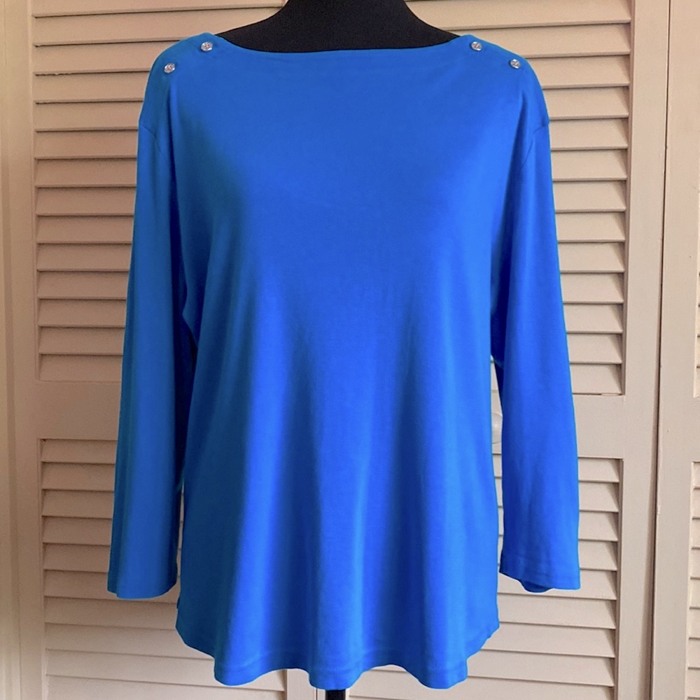 Karen Scott Boatneck Top With Shoulder Button Detail In Turquoise Blue - Size Xl